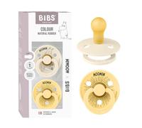 Moomin x BIBS Colour Dummy, 0-6 mo., 2-Pack, Moomintroll Ivory/Pale Butter | Round Natural Rubber Teat | Size 1 | BPA-Free | Made in Denmark | High Teat Acceptance | Airflow Holes | Comfort Shield