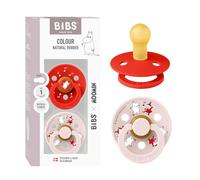 Moomin x BIBS Colour Dummy, 0-6 Months, 2-Pack, Dancing Candy Apple/Petal | Round Natural Rubber Teat | Size 1 | BPA-Free | Made in Denmark | High Teat Acceptance | Airflow Holes | Comfort Shield