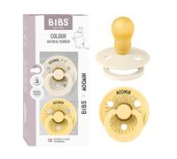 Moomin x BIBS Colour Dummy, 18-48m, 2-Pack, Moomintroll Ivory/Pale Butter | Round Natural Rubber Teat | Size 3 | BPA-Free | Made in Denmark | High Teat Acceptance | Airflow Holes | Comfort Shield