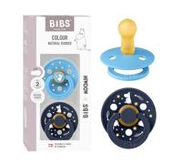 Moomin x BIBS Colour Dummy, 6-18 mo., 2-Pack, Good Night Breeze/Deep Space | Round Natural Rubber Teat | Size 2 | BPA-Free | Made in Denmark | High Teat Acceptance | Airflow Holes | Comfort Shield