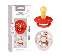 Moomin x BIBS Colour Dummy, 6-18 Months, 2-Pack, Dancing Candy Apple/Petal | Round Natural Rubber Teat | Size 2 | BPA-Free | Made in Denmark | High Teat Acceptance | Airflow Holes | Comfort Shield