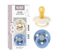 Moomin x BIBS Colour Dummy, 6-18 Months, 2-Pack, Mymble Ivory/Sky Blue | Round Natural Rubber Teat | Size 2 | BPA-Free | Made in Denmark | High Teat Acceptance | Airflow Holes | Comfort Shield