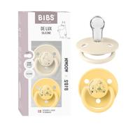 Moomin x BIBS De Lux Dummy, 0+ mo., 2-Pack, Moomintroll Ivory/Pale Butter | Round Silicone Teat | One Size | BPA-Free | Made in Denmark | High Teat Acceptance | Airflow Holes | Comfort Shield