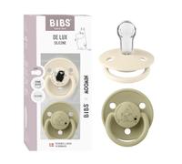 Moomin x BIBS De Lux Dummy, 0+ Months, 2-Pack, Stinky Ivory/Khaki | Silicone | One Size | BPA-Free | Made in Denmark | High Teat Acceptance | Airflow Holes | Comfort Shield