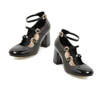MOOMMO High Chunky Heel Mary Janes for Women Round Closed Toe Patent Leather Mary Jane Pumps Triple Ankle Strap Sexy 3” Block Heels Dress Shoes Sandals Sexy Party Wedding Cute 4-10 M US, Black, 5 UK