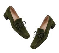 MOOMMO Women Chunky Low Heel Loafers Bow Suede Slip On Closed Square Toe Loafer Shoes Oxfords Comfy 1 Inch Block Heels Dress Shoes Pumps Office Work Pumps Vintage Chic 4-11 M US, Olive Green, 7 UK
