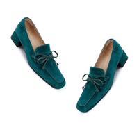 MOOMMO Women Chunky Low Heel Loafers Bow Suede Slip On Closed Square Toe Loafer Shoes Oxfords Comfy 1" Block Heels Dress Shoes Pumps Office Work Pumps Retro Casual Cute 4-11 M US, Teal, 7.5 UK
