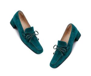 MOOMMO Women Chunky Low Heel Loafers Bow Suede Slip On Closed Square Toe Loafer Shoes Oxfords Comfy 1 Inch Block Heels Dress Shoes Pumps Office Work Pumps Vintage Chic 4-11 M US, Teal, 5.5 UK