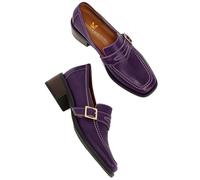 MOOMMO Women Classic Penny Loafers Closed Square Toe Patent Low Heel Loafers Slip On Metal Buckle 2 inch Chunky Heel Comfy Office Lady Vintage Dress Loafer Shoes, Matte Purple, 7 UK