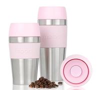 Moon 360° Travel Mugs - Leakproof Reusable Coffee Cup for Hot Drinks - Insulated Stainless Steel Thermal Mug, Fits Car Cup Holders (300ml, Recycled Metal/Pink)