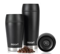 Moon 360° Travel Mugs - Leakproof Reusable Coffee Cup for Hot Drinks - Insulated Stainless Steel Thermal Mug, Fits Car Cup Holders (450ml, Powder Coat/Black)