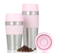 Moon 360° Travel Mugs - Leakproof Reusable Coffee Cup for Hot Drinks - Insulated Stainless Steel Thermal Mug, Fits Car Cup Holders (450ml, Recycled Metal/Pink)