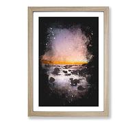 Moon Above The Beach Paint Splash Framed Print | A2 Oak Framed Wall Art | Ready to Hang | Modern Space Picture | Living Room Bedroom Lounge Office