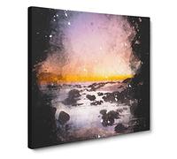 Moon Above the Beach Paint Splash Modern Canvas Wall Art Print Ready to Hang, Framed Picture for Living Room Bedroom Home Office Décor, 14x14 Inch (35x35 cm)