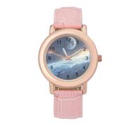 Moon and Earth Women Simplicity Watch with Leather Strap Easy Reader Ladies Wristwatch