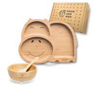 Moon and Moo Bamboo Suction Hippo Plate & Bowl Set - Perfect Baby Gifts, Eco-Friendly Weaning Set with Powerful Silicone Suction Base, Divided Portion Plate (White)