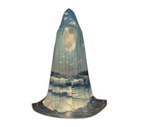 Moon and Sea Print Hooded Robe Adult Wizard Robes Monk Priest Cloak Halloween Cosplay Knight Hood Cape, Black, Large