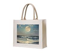 Moon And Sea Print Tote Bag, Personalized Present Bag, Canvas Beach Travel Bag, Shopping Bags, Gift For Women Mom