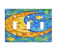Moon and Star Light Switch Cover Plates/Outlet Covers, Blue and Yellow Celestial Design for Kids' Room Decor, Thermoplastic Wall Plates, Standard Size Triple Toggle