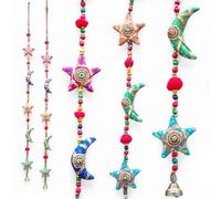 Moon and Star Ornament Ethnic Kalamkari Multi colour Handmade Door Hanging Decorative Five Stringed Together with Beads and Bell Wind Chime