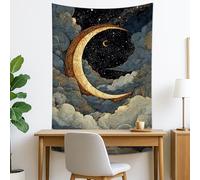 Moon and Stars Blue Gold Tapestry, Celestial Decorative Wall Hanging, Dreamy Tapestries Aesthetic for Bedroom, Living Room, Dorm 50x60 Inch