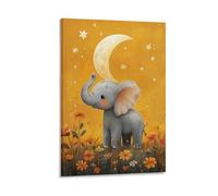Moon And Stars Elephant Wall Art Cute Baby Elephant Under Crescent Moon Dreamy Jungle Animal Nursery Poster for Boys Bedroom Baby Shower Or Nighttime Story Corner Decor Gift 24x36inch(60x90cm) Frame