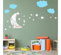 Moon and Stars Mirror Wall Stickers, Removable Acrylic Crescent Moon and 146 PCS Stars Wall Mirror Stickers Decals, 3D Moon Star Art Wall Decoration for Baby Kid Bedroom Living Room Ceiling (Silver)