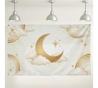 Moon and Stars Wall Backdrop, Cloud Pattern Elegant Party Decorations, Gold Indoor/Outdoor Photography Background for Events and Celebrations 71x43 Inch