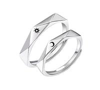 Moon and Sun Rings for Couples Best Friends 2 Adjustable Silver Rhombus Aesthetic Engraved Promise Relationship Matching Couples Rings for Him and Her Set Valentine's Day Gift (Silver Rhombus)