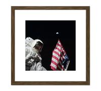 Moon Apollo 17 Astronaut Earth Flag Photo 8X8 Inch Square Wooden Framed Wall Art Print Picture with Mount Artery8 Brown One Size