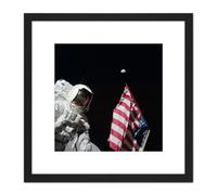 Moon Apollo 17 Astronaut Earth Flag Photo 8X8 Inch Square Wooden Framed Wall Art Print Picture with Mount Artery8 Black One Size