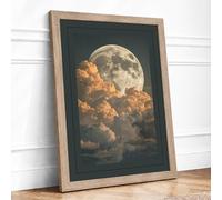 Moon Behind Clouds Minimalist Framed Wall Art Print A2 Oak