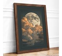 Moon Behind Clouds Minimalist Framed Wall Art Print A4 Walnut