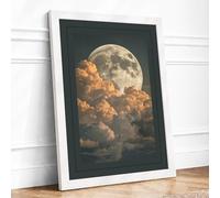 Moon Behind Clouds Minimalist Framed Wall Art Print A4 White