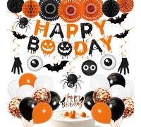 Moon Boat Halloween Birthday Party Decorations Balloon Banner Set | Orange Theme,Pom Poms,Paper Fans,Honeycombs,Hanging Swirls,Cake Topper,Happy Boo Day,Spooky Halloween Party Supplies