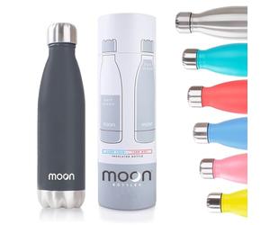 Moon Bottles - Insulated Water Bottle that Lasts Forever - 18/8 Stainless Steel Vacuum Flask - Double Walled Drink Bottle - Thermal Metal Flasks, Leakproof, 24hrs Cold & 12 Hot (1L, Matte Black)