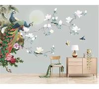 Moon Branches Flowers Flying Birds Peacock 3D Wallpaper Premium Textured Silk Study Dining Living Room Bedroom Sofa TV Wall Easy Install-300cm×210cm