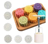 Moon Cake Mold 6 PCS, Mid Autumn Festival DIY Hand Press Cookie Stamps Pastry Tool Moon Cake Maker, Flower Mode Patterns 1 Mold 6 Stamps 50g (White).