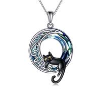 Moon Cat Necklace for Women Sterling Silver Black Cat Necklace Celtic Moon Pendant Crystal Jewellery Birthday Gifts for Her