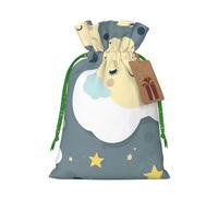 Moon Cloud Star Printed Christmas Drawstring Bags,S | Reusable Xmas Gift Storage Bags, Green Christmas Ribbon