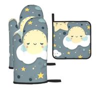 Moon Cloud Star Printed Oven Mitts and Pot Holders Sets 3 Pcs - Kitchen Non-Slip Heat Resistant Oven Gloves for Baking Cooking Bbq