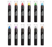 Moon Creations Face Paint Stick Body Crayons | Set of 12 | 3.2g | Sweat Proof & Water-Resistant Face Paint | Cruelty Free, Made in UK | For Kids, Adults, Fancy Dress, Festivals, Halloween