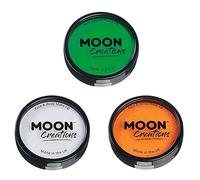 Moon Creations Pro Face & Body Makeup | Bright Green White Bright Orange Set | 36g | Professional Colour Paint Cake Pots for Face Painting | Face Paint For Kids Adults Fancy Dress Festivals Halloween