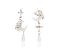 Moon Earrings - Silver Moon Star Earrings for Women, Fairy Earring, Gothic Jewellery, Asymmetrical Celestial Jewelry, Witchy Dangle Space Earring, Crescent Moon Star Celestial Eardrop (A)