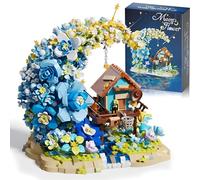 Moon Flower Building Blocks Kits, 1622 PCS Mini Fairy Cabin and Blue Flower Bouquet Building Set, Micro Flowers Botanical Architecture Bricks Model, Gift for Adults and Kids