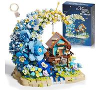 Moon Flower Building Blocks Kits, 1622 PCS Mini Fairy Cabin and Blue Flower Bouquet Building Set with Lights, Micro Flowers Botanical Architecture Bricks Model, Gift for Adults and Kids