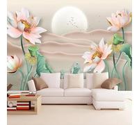Moon Flying Bird Lotus Flower Lotus Leaf Small Fish 3D Wallpaper Silky Texture Home Study Office Grey Dining Room Sofa Bedroom Living Room TV Backdrop-200cm×140cm