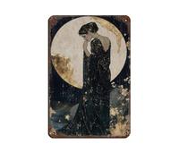 Moon Goddess Canvas, Black Art Nouveau Painting Tin Sign Vintage Metal Pub Club Cafe Bar Home Wall Art Decoration Poster Retro 8x12inch(20x30cm)