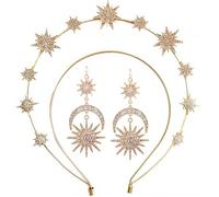 Moon Goddess Headpiece Star Halo Crown Celestial Headpieces Headband Tiaras Crowns Boho Bridal Wedding Headpiece for Women Girls, Stainless Steel, Cubic Zirconia