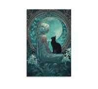 Moon Goddess Poster, Black Cat Print, Art Nouveau Wall Decor Posters Wall Art Painting Canvas Prints Decor Poster Artworks 12x18inch(30x45cm)